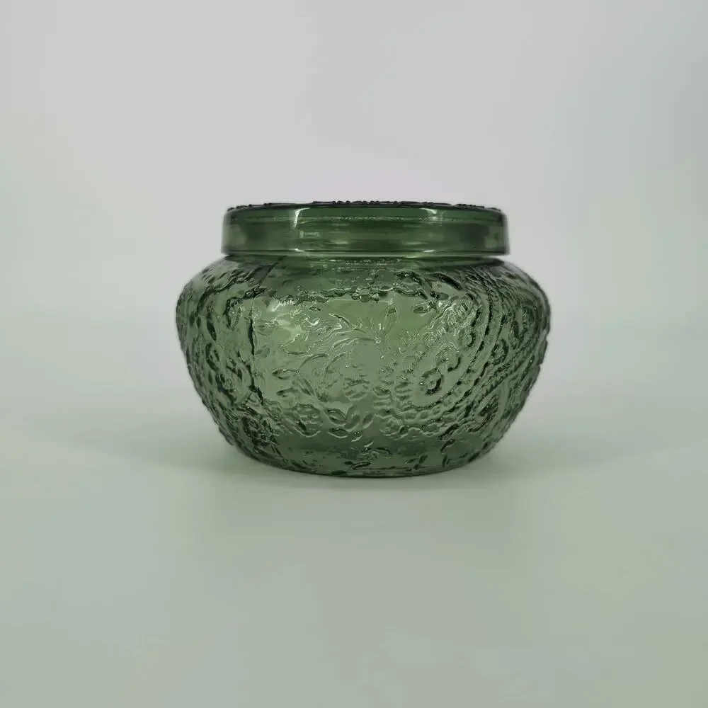 Empty Avocado Dark Green Candle Jar Container Bowl with Matching Glass Lid - GUC